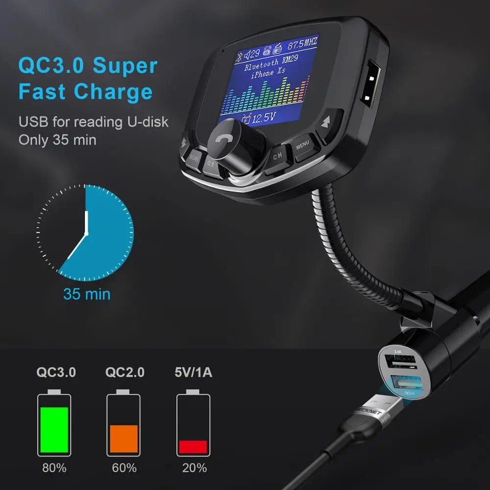 TeckNet Car Bluetooth Stereo FM Transmitter 3A Dual USB Fast Charger Handsfree Audio Receiver Auto MP3 Player Accessories |