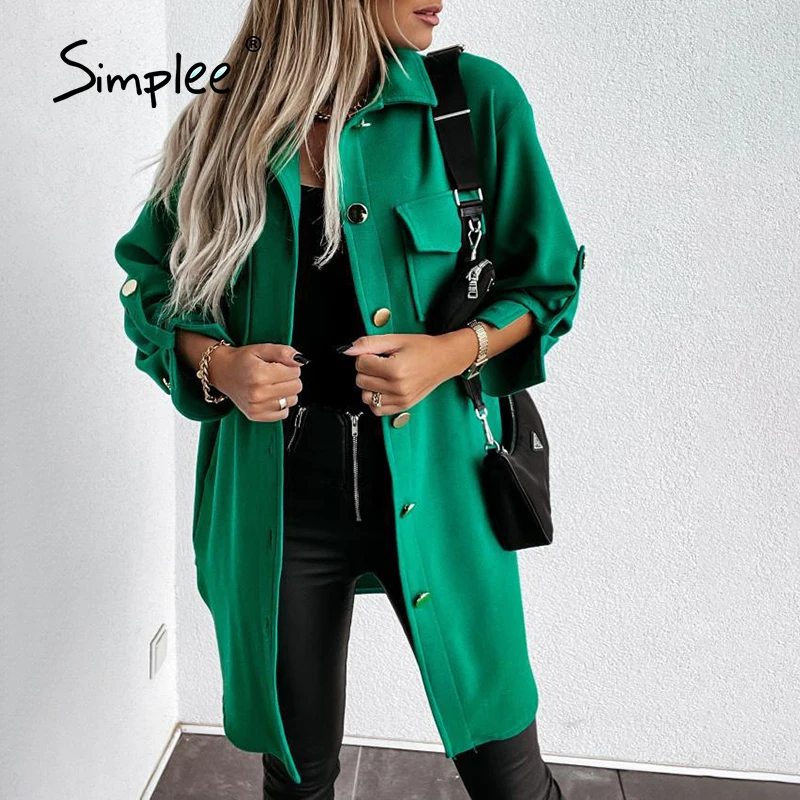 Simplee Office giacca da donna con risvolto allentato verde Casual donna autunno inverno cappotti