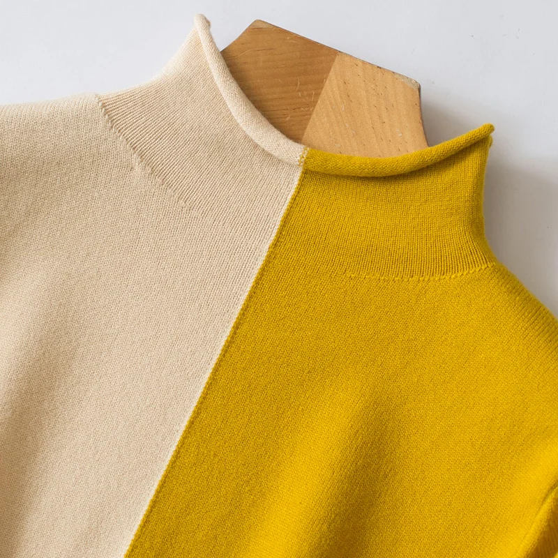 2020 Turtleneck Women's Cashmere Sweater Stitching Short Knit Fashion Casual Pullover Long-sleeved Warm Jumper Pullovers | Женская