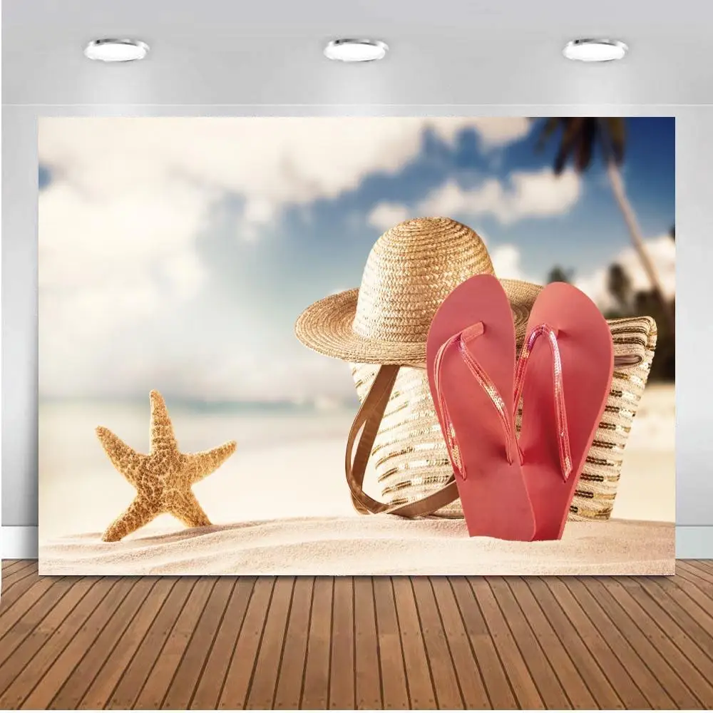 

Sweetheart Couples Lovers Honeymoon Seaside Travel Backdrops Photography Straw Hat Flip Flops Newborn Baby Art Photo Backgrounds
