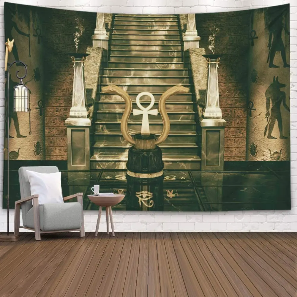 Tapiz de dos serpientes doradas y una cruz egipcia, geoglifos, arte psicod&eacute;lico dorado de Ho Me Lili, para decoraci&oacute;n de dormitorio-2