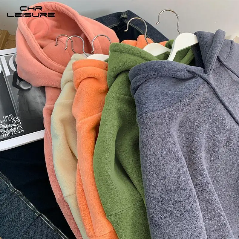 

CHRLEISURE Hoodies Sweatshirt Long Sleeved Pullover Hooded Orange Top Winter Hoody Women Version of Plus Velvet Thick