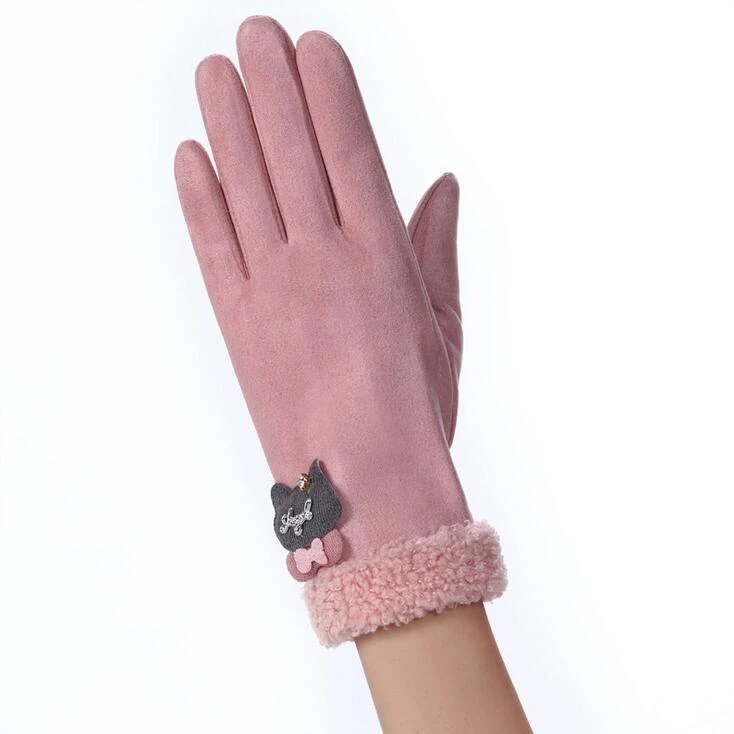 082B-pink Новые зимние теплые женские перчатки кружевные кашемировые милые варежки с медведем двойные толстые плюшевые митенки сенсорный экран для женщин перчатки для вождения - Цвет: 082B-pink