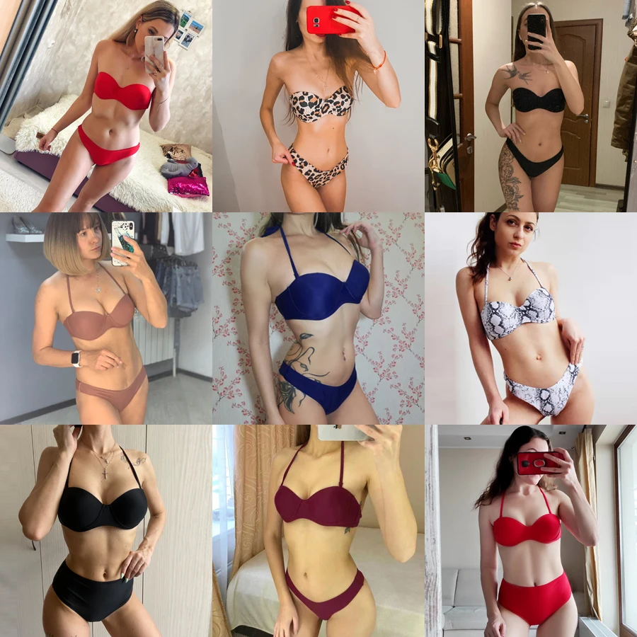 

2021 New Bikini Fashion Push Up Bikini Set Swimsuit Women Bandage High Waist Leopard Solid Red Triangle Swimwear Two-Piece Suits