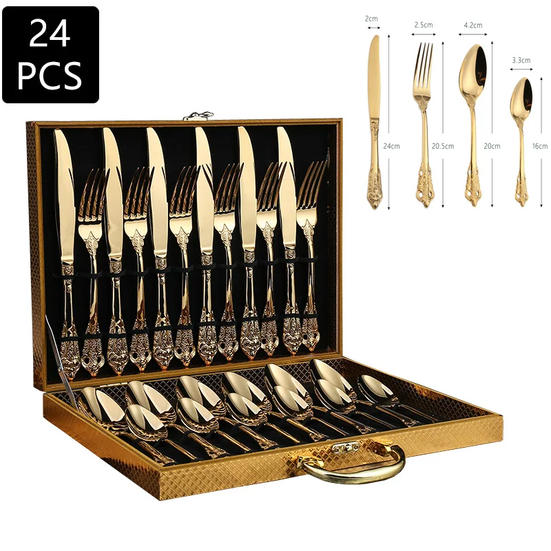 

Набор столовых приборов из 24 предметов, роскошные серебристые и золотистые столовые приборы в Западном дворцовом стиле, вилка, нож, ложка в ...