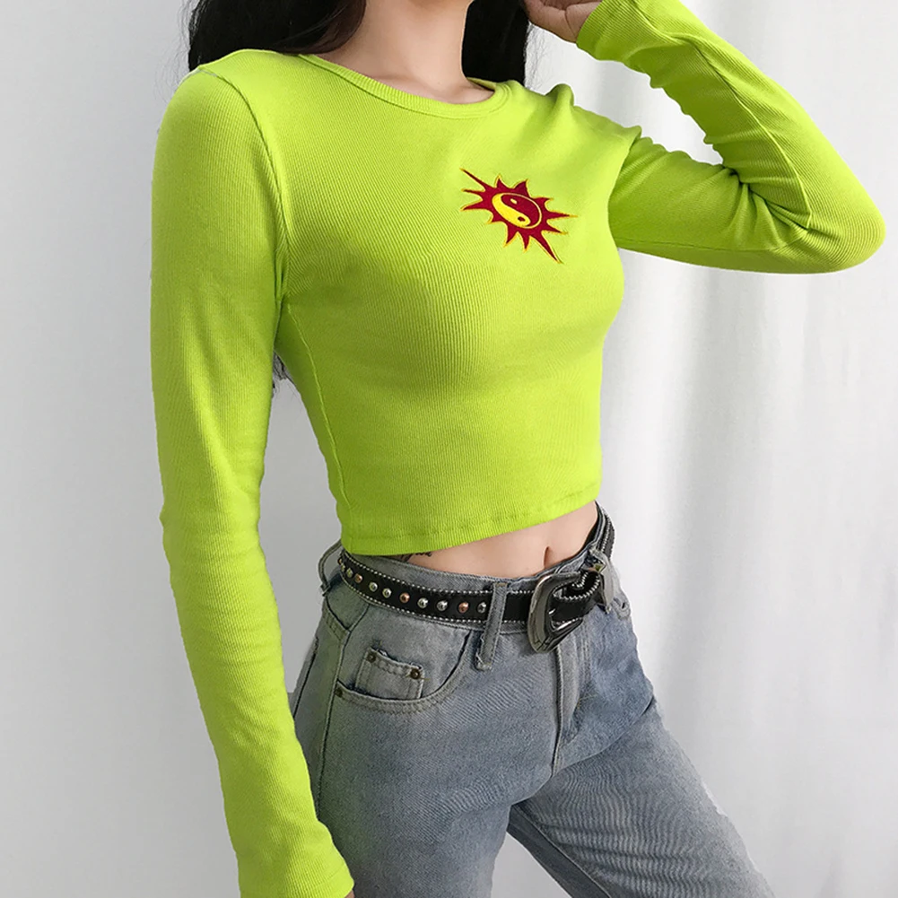 Женская модная неоновая зеленая футболка с вышивкой от солнца топы для девочек