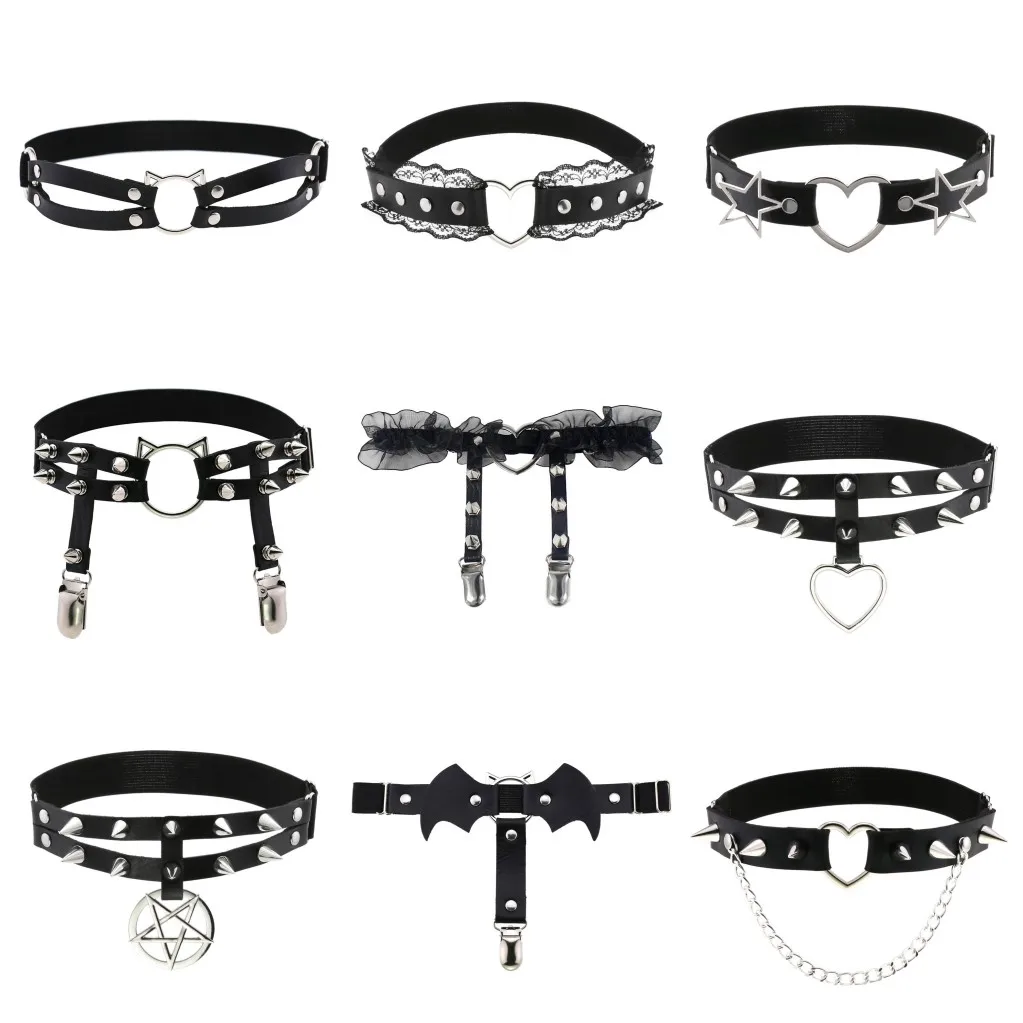 

Women Sexy Punk Harness Rivet Heart PU Leather Elastic Bow Garter Leg Thigh Ring Bondage Belt Leg Suspender Stockings Garters