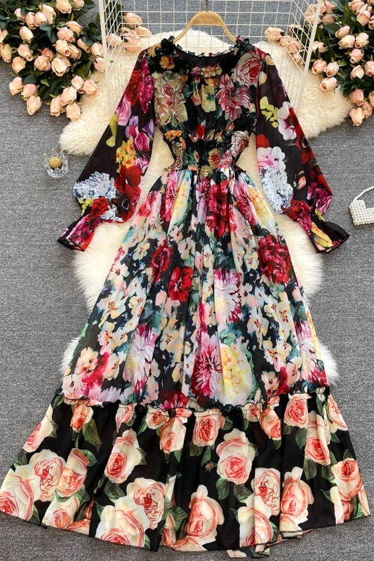 

Lady Vintage Dress 2021 Early Spring Floral Print Sweet Dress Women Ruffled Collar Elastic Waist Long Vacation Dress