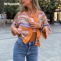 heyoungirl rainbow striped casual knitted cropped cardigan vintage fashion long sleeve sweater women autumn jumpers ladies
