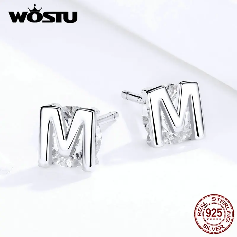 WOSTU настоящие 925 пробы серебряные серьги-гвоздики с алфавитом м модные буквы циркония маленькие серьги для женщин ювелирные изделия FIE739