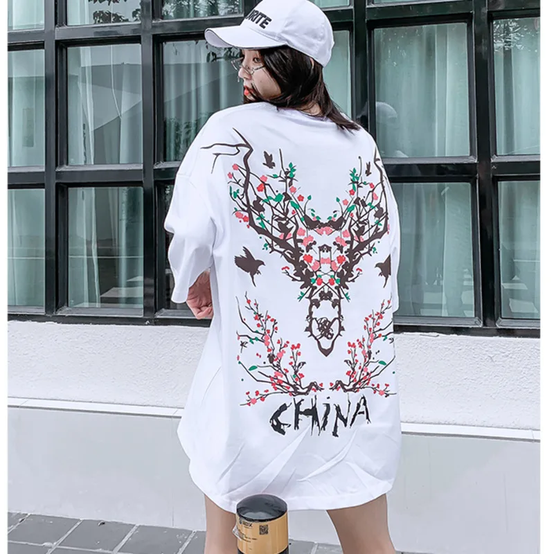 

Vefadisa Fashion Graffiti Deer Women T-shirt 2021 Summer Tie Flowers Couple T-shirt Tide Brand Loose Short Sleeve Top QYF5800