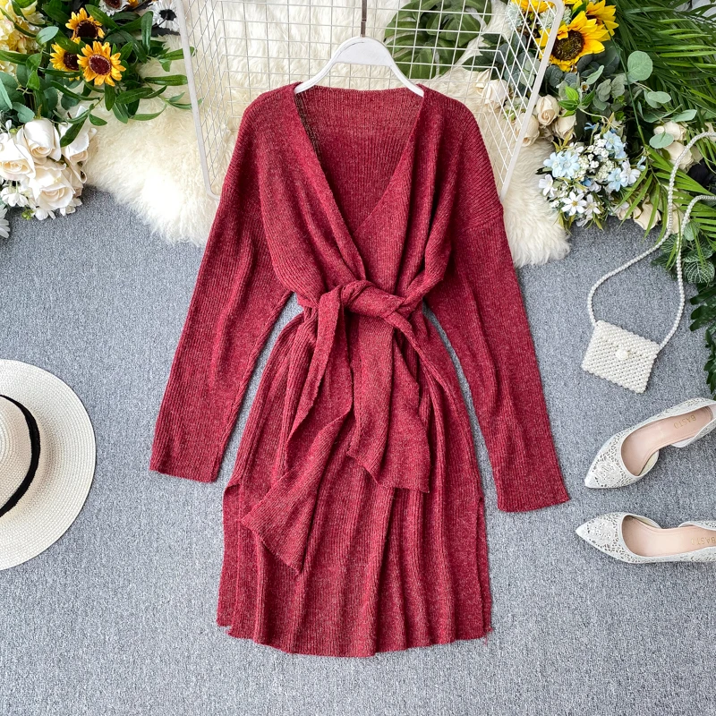 

CINESSD Ladies Sexy V Neck Knitted Dress Sweater Tie Belt Slim Solid Jersey Skirt Women Autumn Winter New MIDI Vestido