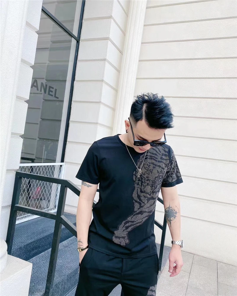 

brand men's and women's diamond-encrusted lion track suite 100% cotton t-shirt jogging pants leisure body shaping slim 2-piece s