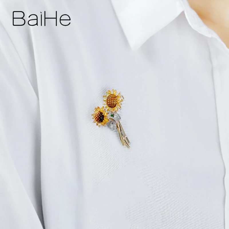 BAIHE Solid 14K White+Yellow Gold Natural Diamonds+Tiger's eye+Tsavorite+Yellow Sapphirs Fine Jewelry Sun flower Pendant брошь |