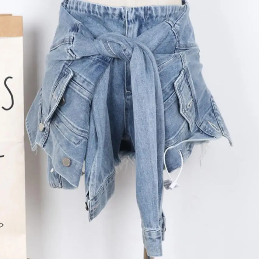 Осенние джинсовые женские поддельные две короткие с высокой талией