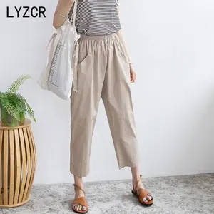 LYZCR летние женские хлопковые брюки свободные белые шаровары для женщин Высокая талия линия женские брюки до щиколотки