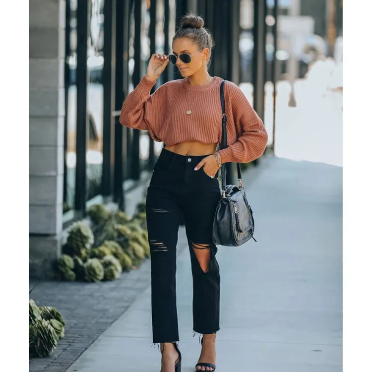 

Новинка 2020, женские рваные джинсы HAOOHU, модные уличные повседневные тренды, черные свободные узкие джинсовые брюки до щиколотки с высокой та...