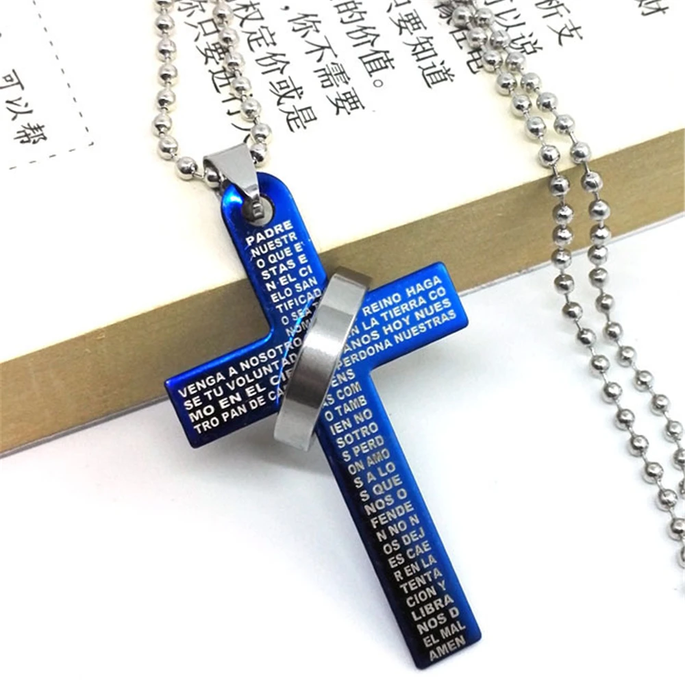 

1pc Mens Stainless Steel Simple Black Cross Pendant English Bible Lords Prayer Crucifixion Christian Necklace