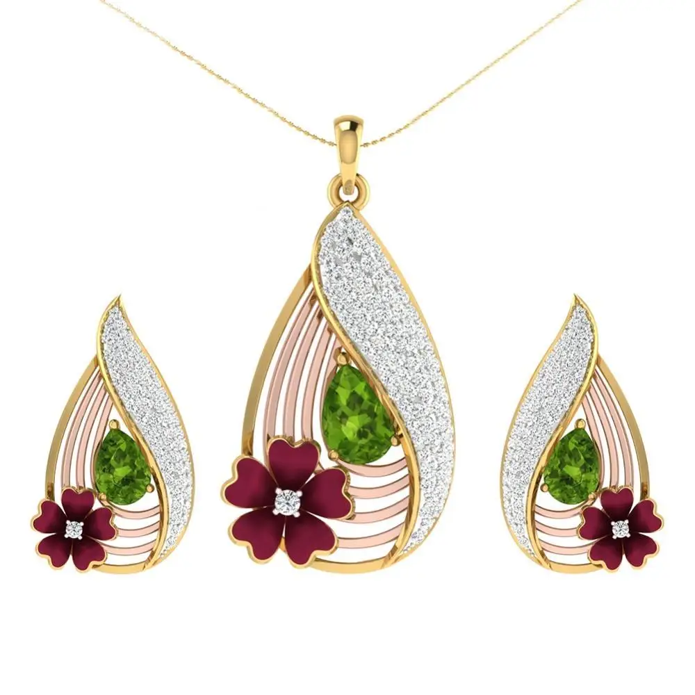 

Women Faux Emerald Flower Water Drop Pendant Necklace Stud Earrings Jewelry Set Necklace Earring Decoration Chain 2021