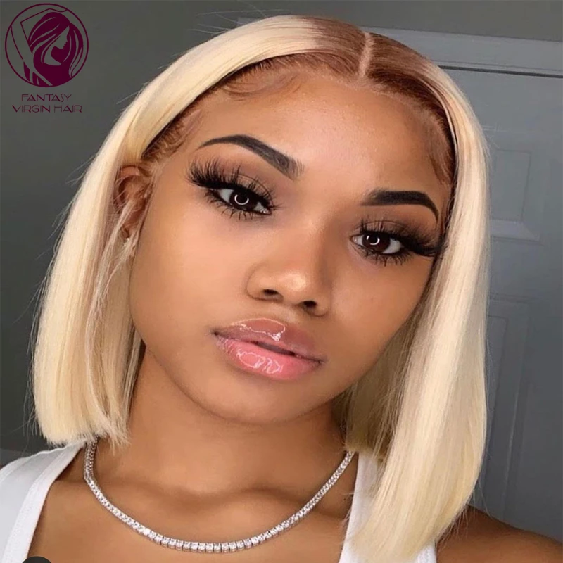 

Bob Human Hair Lace Front Wig Straight Virgin Hair Frontal Wigs for Women 13x4 Ombre Brown 613 Color Bleached Knots Glueless