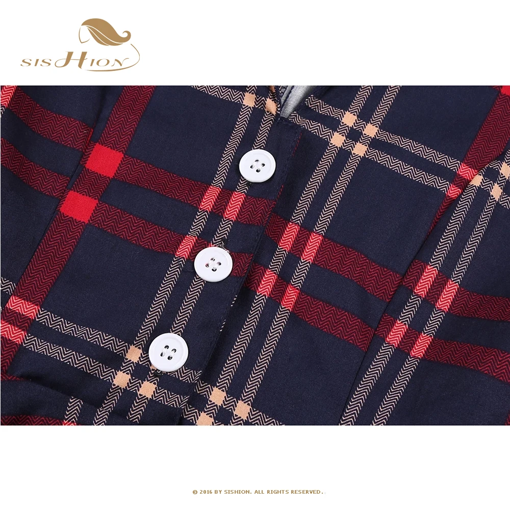 

Autumn Swing Cotton Blue Red Plaid Dress SD0002 50s 60s Short Sleeve robe longue Women Summer Retro Vintage Dress with Belt