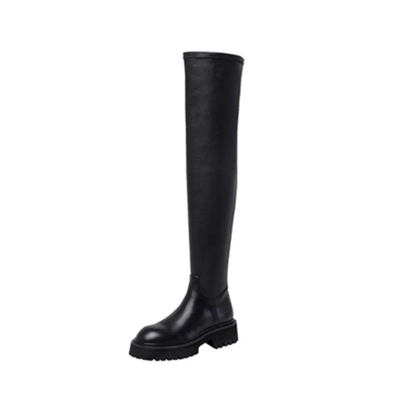 

Prova Perfetto Stretch Leather Over The Knee High Boots Woman Zipper-Sid Thick Bottom Plush In Round Toe Women Botas Mujer 2021