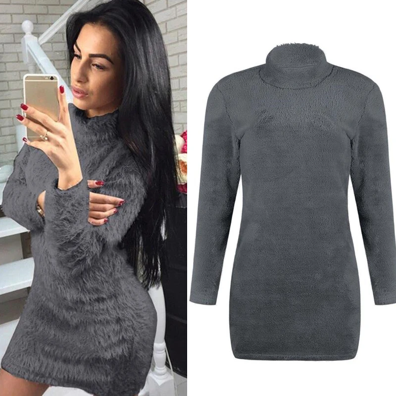 

Women Autumn Winter Sexy Turtleneck Cashmere Soft Warm Dress Long Sleeve Solid Sweater Fleece Warm Basic Short Mini Dress