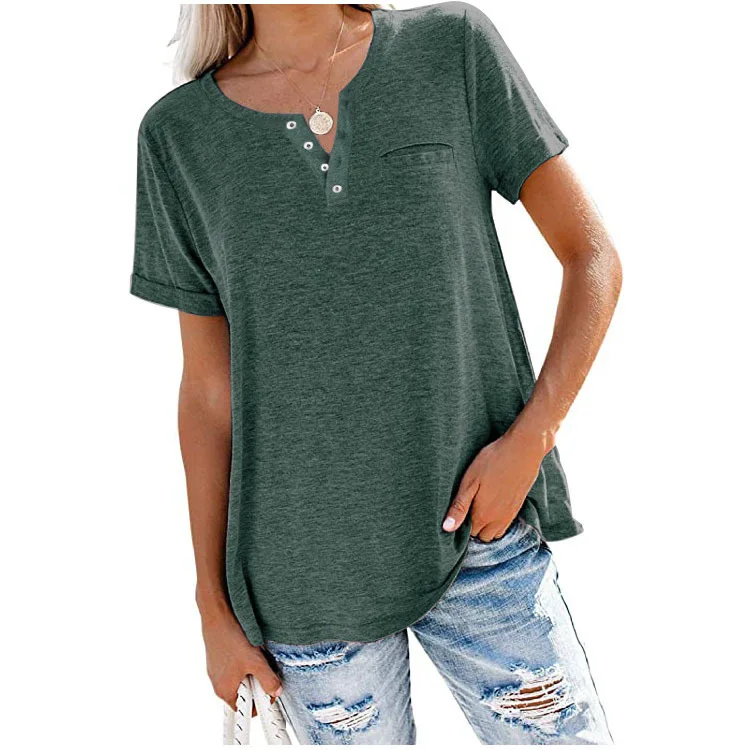 

Plus Size 3XL Casual Loose Women V-Neck Button Decor Short Sleeve T-Shirt Top 2021 Spring Summer Solid Color Pocket Pullover Tee