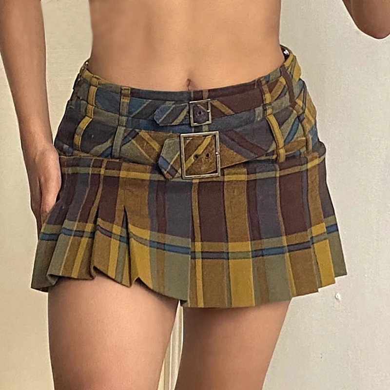 

Women High Waist Pleated Skirt Assorted Color Plaid Printed Pattern Short Skirt, S/ M/ L