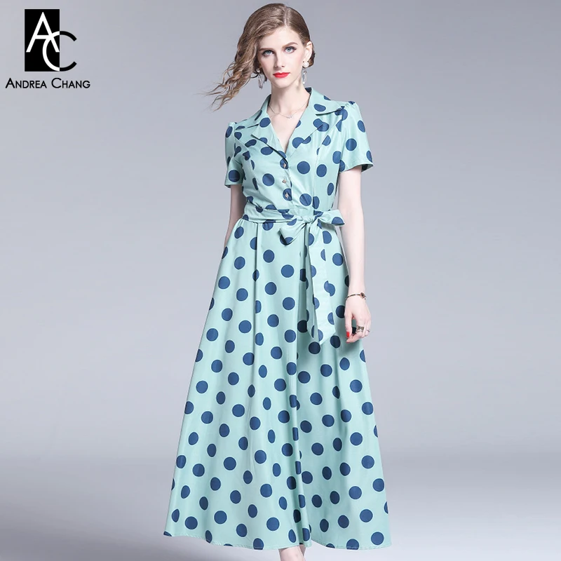 Женское платье макси в горошек с поясом и английским воротником|Женские платья| |