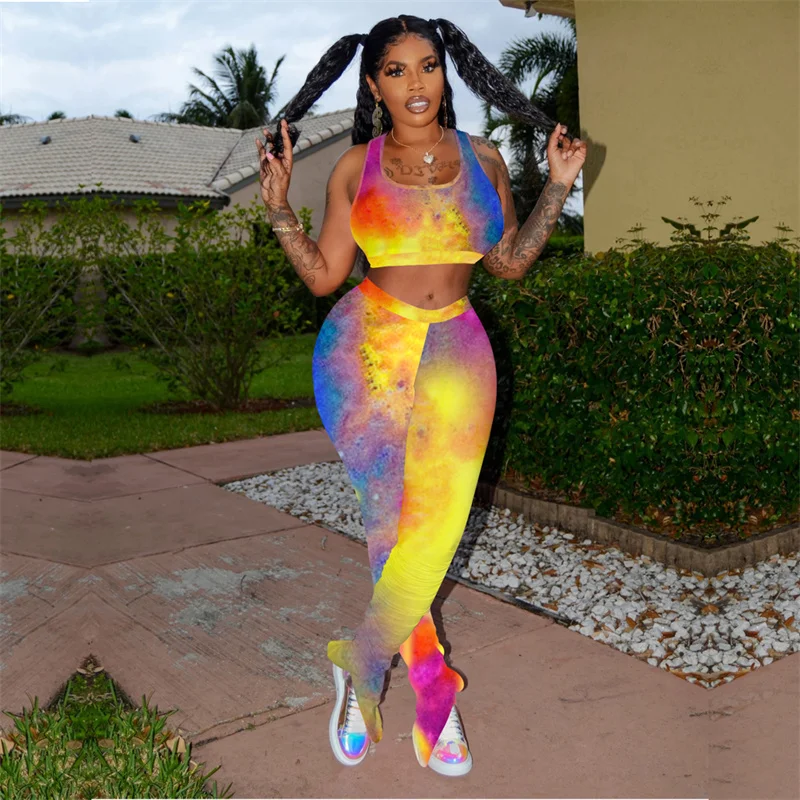 

2pcs Summer Women Sports Suit Ladies Fashion Casual Tie-dye U-neck Vest Top and High Waist Pants