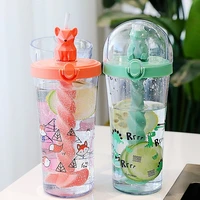 creative cup cute funny water bottle cute animal design with straw plastic water bottle cartoon mixing cup girl heart cup