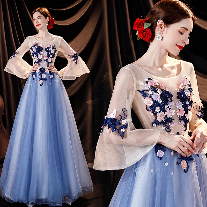 

Blue Long-sleeved Pearl Flowers Bridesmaid Bride Wedding Toast Dress Party Evening Birthday Dress