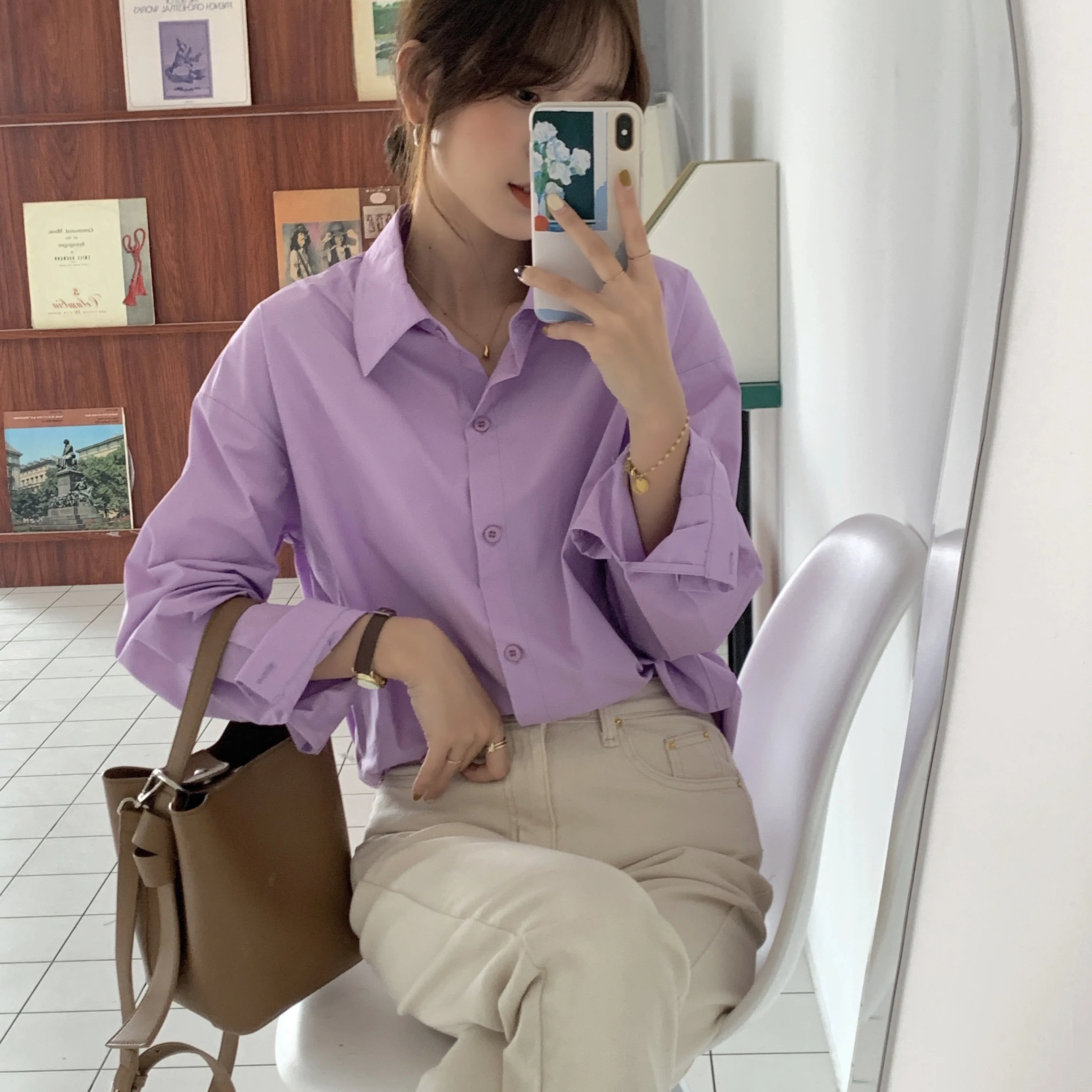 

Women's Korean-Style 2021 Spring Shirt Loose and Idle Goose Yellow Cream Yellow Casual Shirt Candy-Colored Top