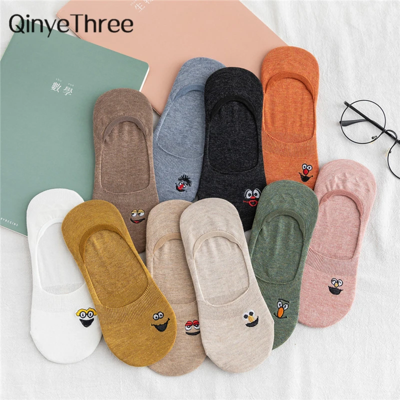 Носки невидимки женские с вышивкой летние тапочки хлопковые карамельных цветов 1