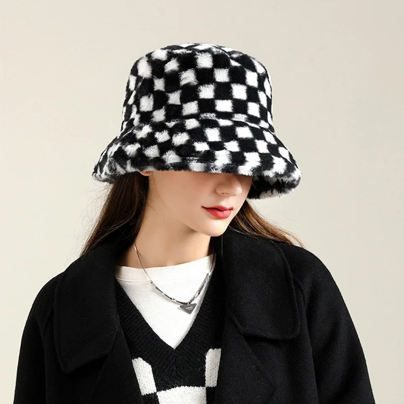 

Fashion Rabbit Fur Bucket Hat Winter Warm Plush Plaid Hats for Women Lady Thicken Bob Panama Outdoor Sun Hat Fisherman Hat Caps