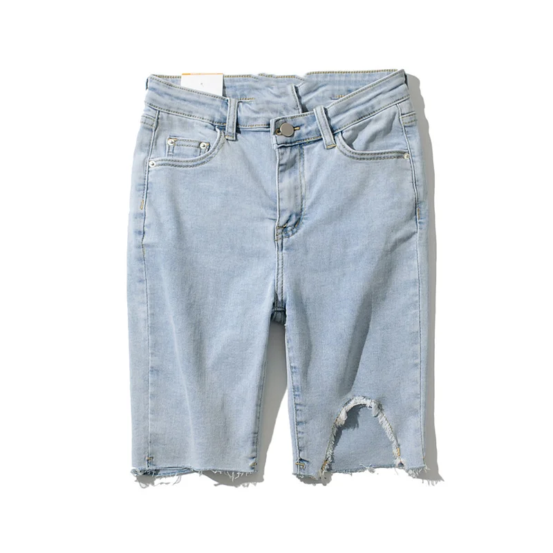 Женские рваные джинсовые шорты однотонные Асимметричные эластичные с высокой