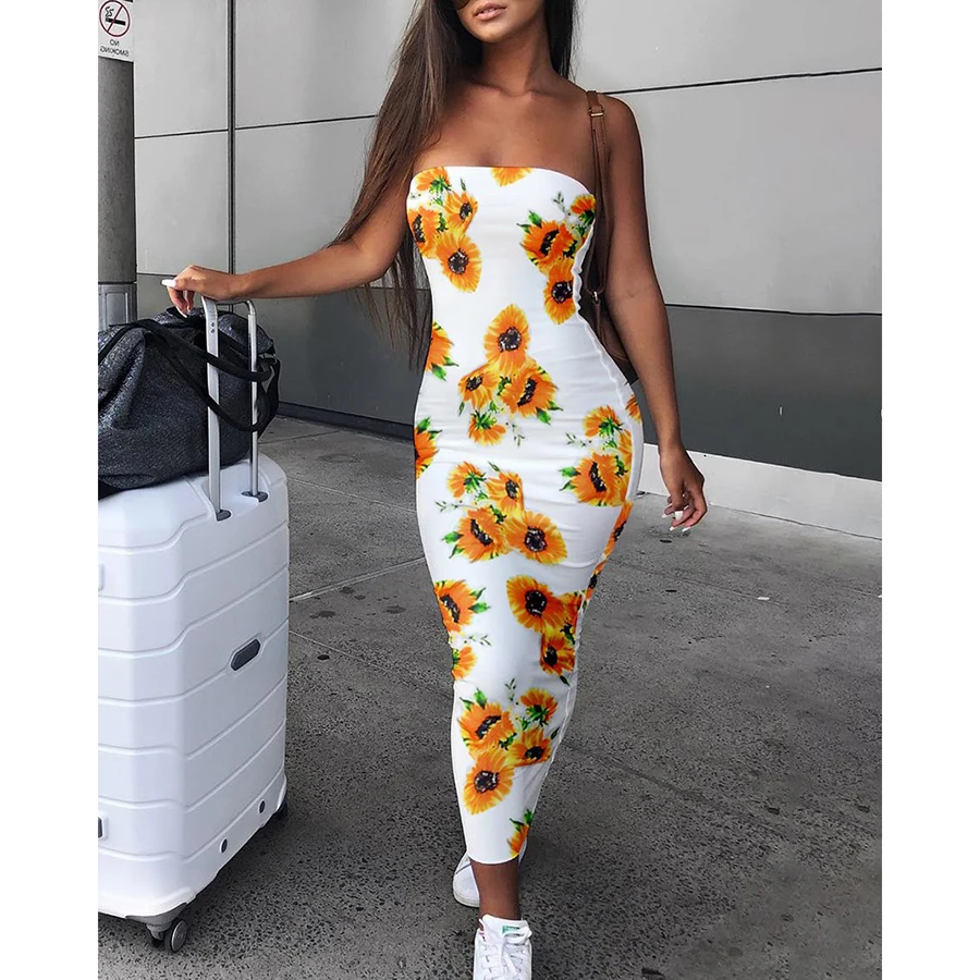 

Spring and summer new off-the-shoulder sexy ladies dress fashion women's sunflower print long tight dress casual wild sleeveless