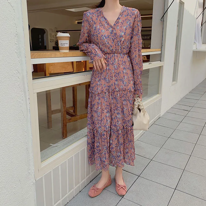 

2021 Spring and Summer New South Korea Floral Dress Women Retro Temperament Waist Thin Fairy Dress Tide
