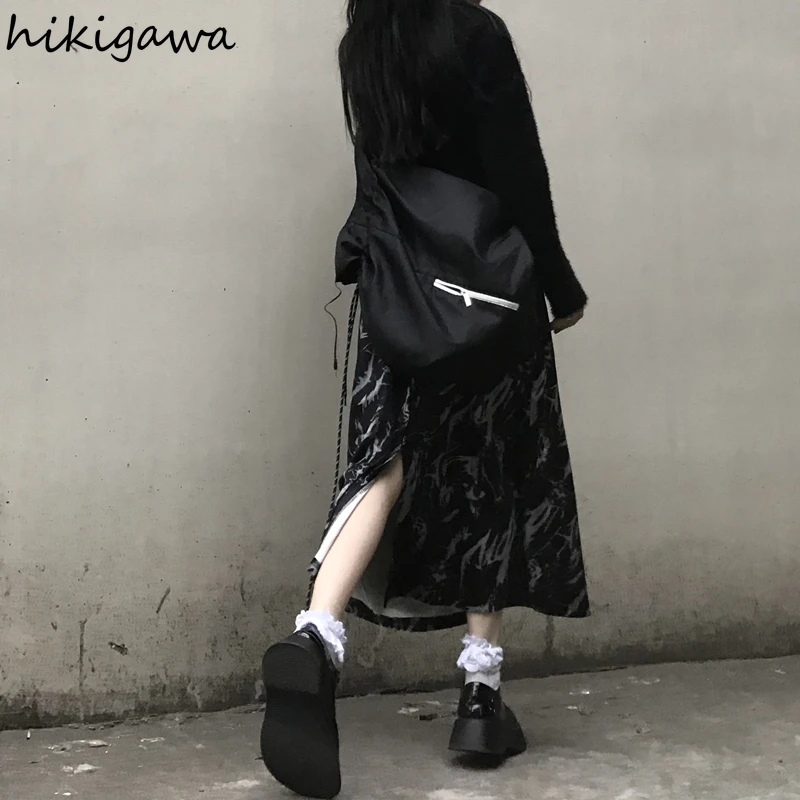 

Hikigawa Women's Clothing Vintage Skirts Japan Loose Irregular Black Skirt A Line Faldas Vintage Harajuku High Waist Mujer Falda