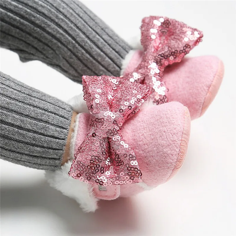 Обувь с блестками и бантом для маленьких девочек зимние теплые мягкие