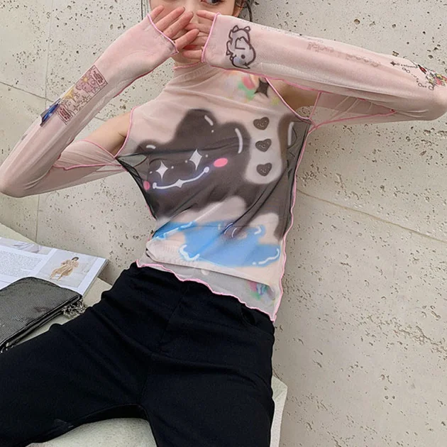 

Женский летний облегающий топ с принтом, тонкий женский топ, женская модная футболка с рукавом до локтя из сетчатой пряжи, 2021