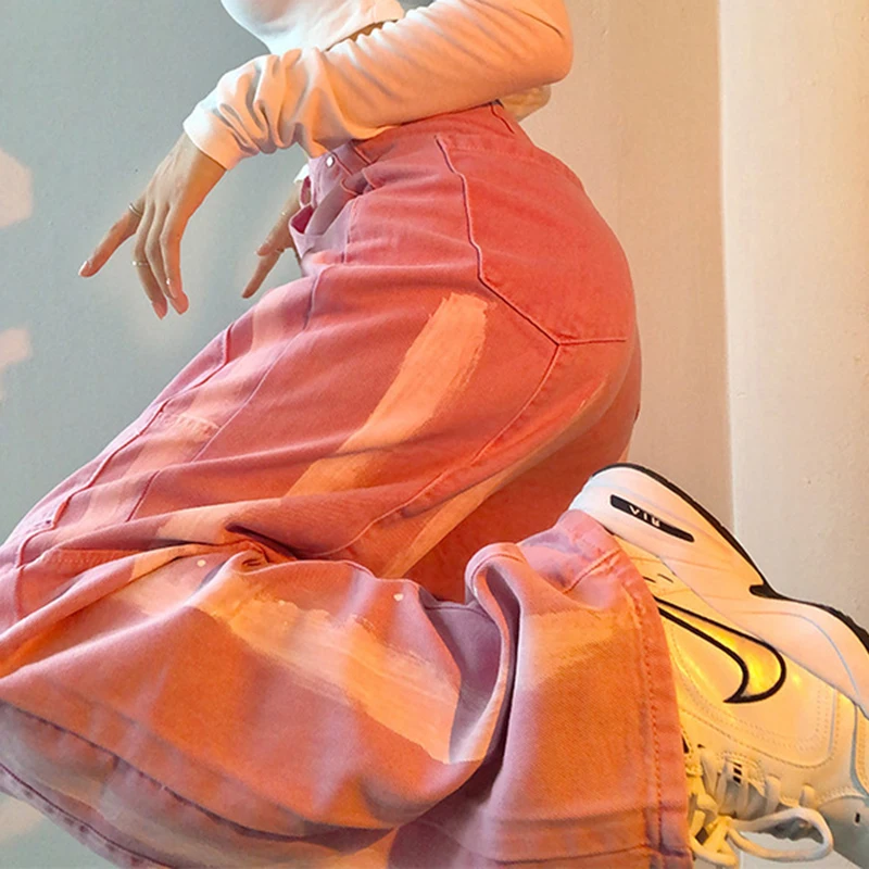 

CHICEVER Pink Ombre Wide Leg Women's Pants High Waist Full Length Colorblock Straight Denim Women Trouser 2021 Autumn Fashion