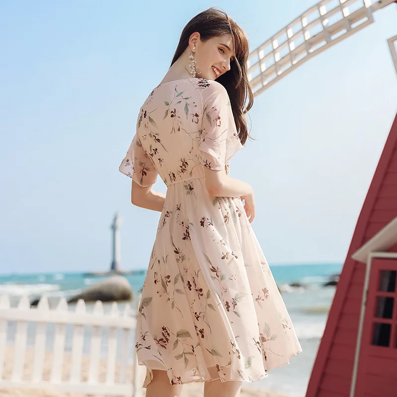 

Summer Dresses V-neck flared sleeve temperament lady dress Vestido floral de mujer con temperamento de manga acampanada Mujeres