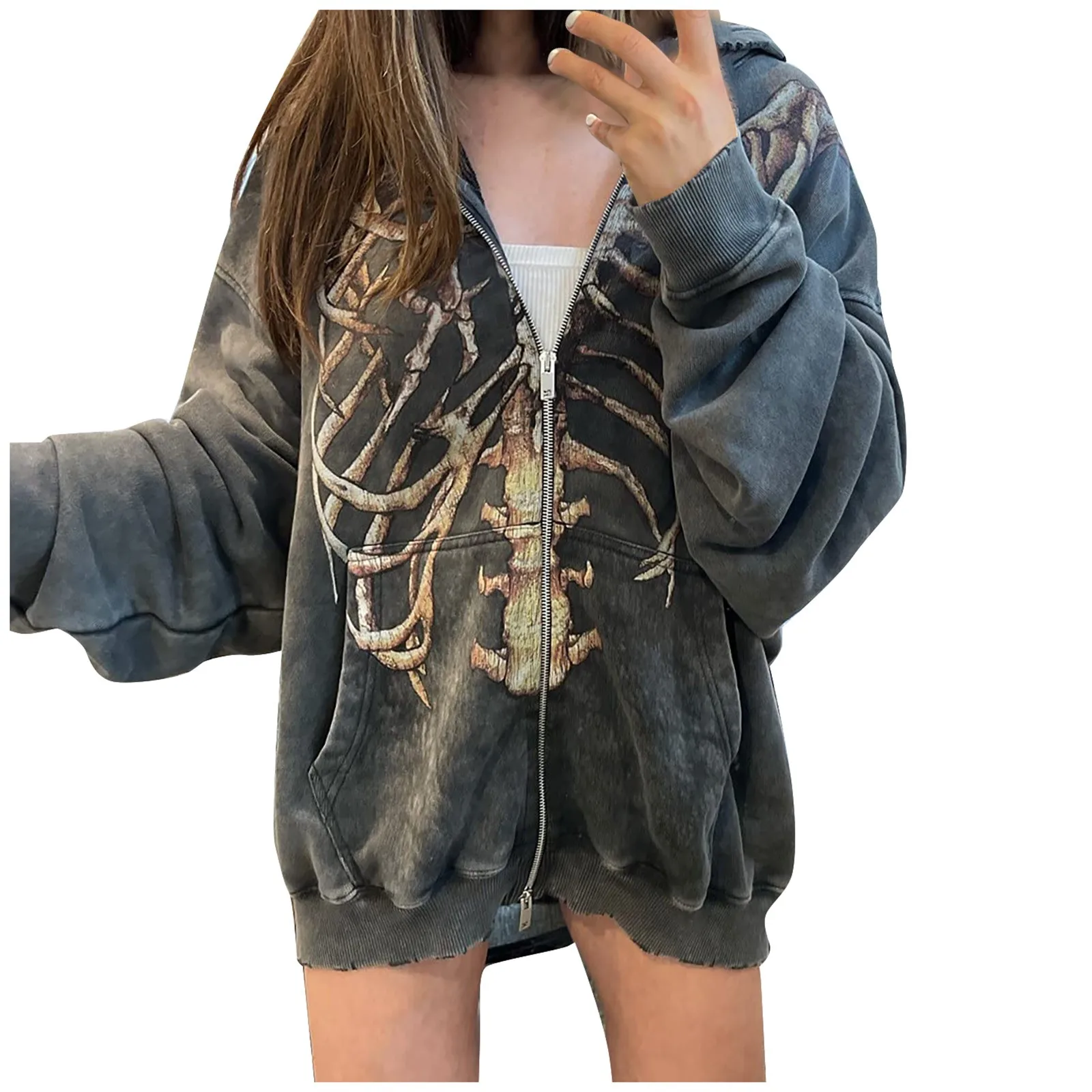 

Fashion Hot Sale 2021 Women's Zipper Hooded Print Rhinestone Hollow Loose Coat Pullover 90's Streetwear Jacket пальто женское