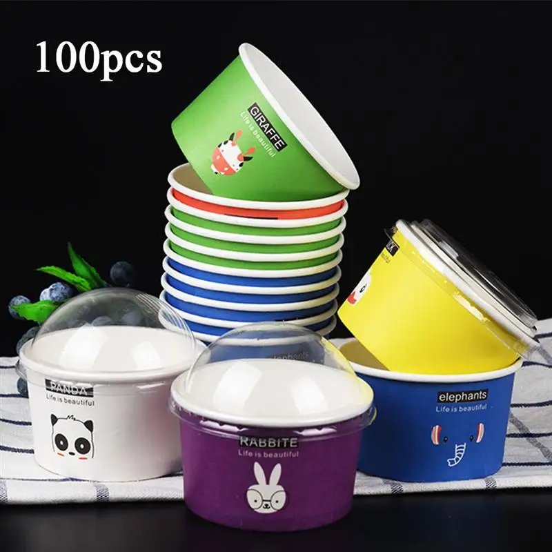 Одноразовые чашки с крышками 100 шт. 85/200 мл милая чашка для мороженого животными