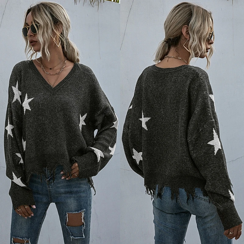 

Women Long Sleeve Knitted Stars Tassel Sweater Sexy V-Neck Casual Loose Jumper Pullover Tunic Tops Autumn Winter Clothing