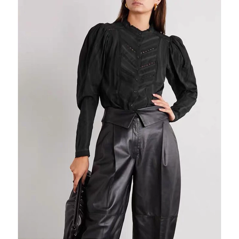 

2021 Autumn Winter 10.22 New Fashion Vintage Hollow Out Puff Sleeve Shirt Women Cotton Blouse Two Color