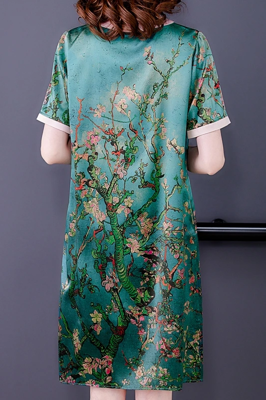 

COIGARSAM 4XL Plus Size Vintage Print Women Long dress New Summer Short Sleeve Loose O-Neck Dresses Green Design And 5538