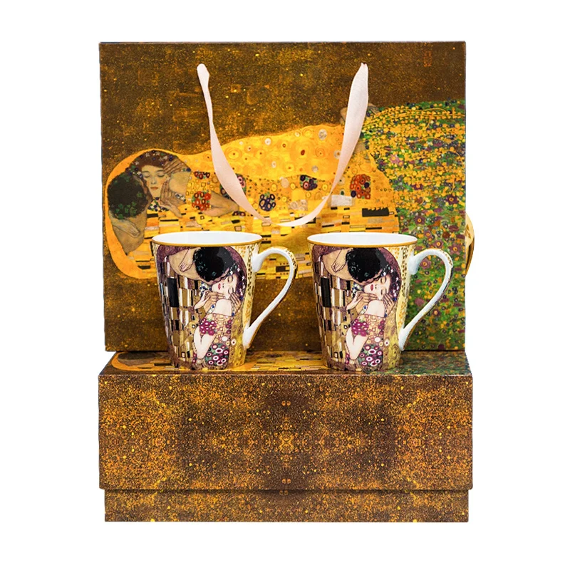 

Klimt kiss design 2 шт. керамическая кофейная кружка и мелкая костяная фарфоровая 2 кофейные кружки с подарочной коробкой